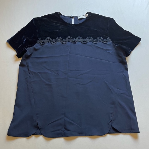 SANDRO PARIS blue boxy velvet mixed media lace trim short sleeve blouse - Picture 1 of 6